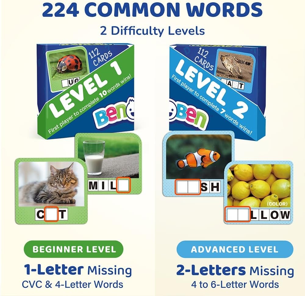 Spelling Games 224 Flashcards 208 Wood Letter Tiles 1-4 Players Learning for