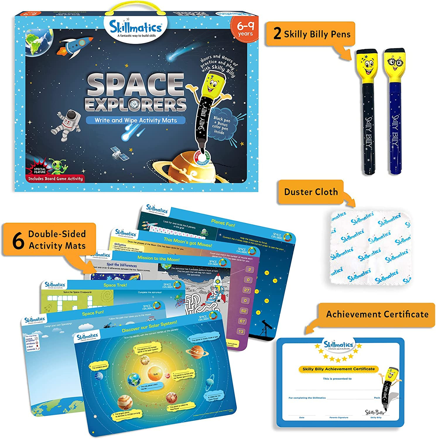 Skillmatics Educational Game Explorers Reusable Mats with 2 Dry Erase Markers +5