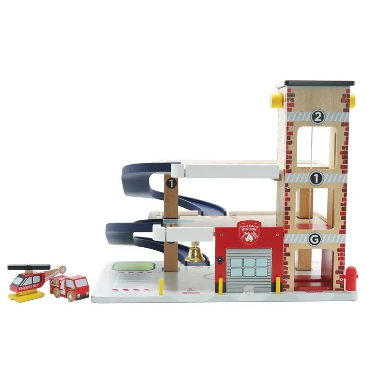 Le Toy Van Fire & Rescue Garage Set Wooden Toy Fire Engine Helicopter 15.7″