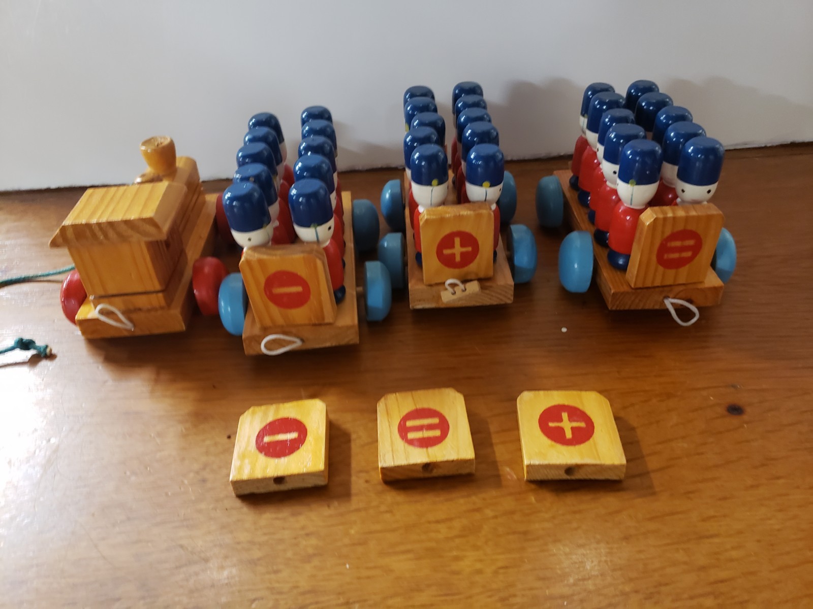 Vintage Wooden Toy Soldiers Counting Math Learning Pull String Train