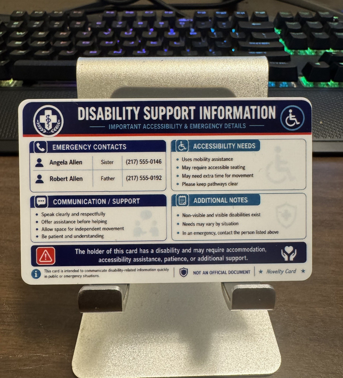 Custom Disability Information Novelty PVC Card – Wallet Size Info Card