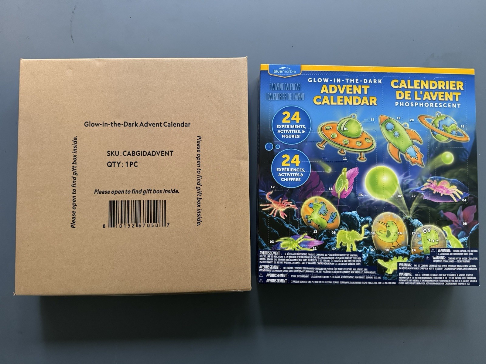Set Of 2 NEW Blue Marble GLOW In Dark Advent Calendars Holiday Science Toy Set
