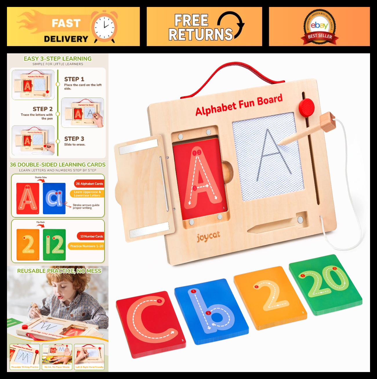 Wooden Letter Tracing Board for Toddlers 3-5, Magnetic ABC & Number Practice, Mo