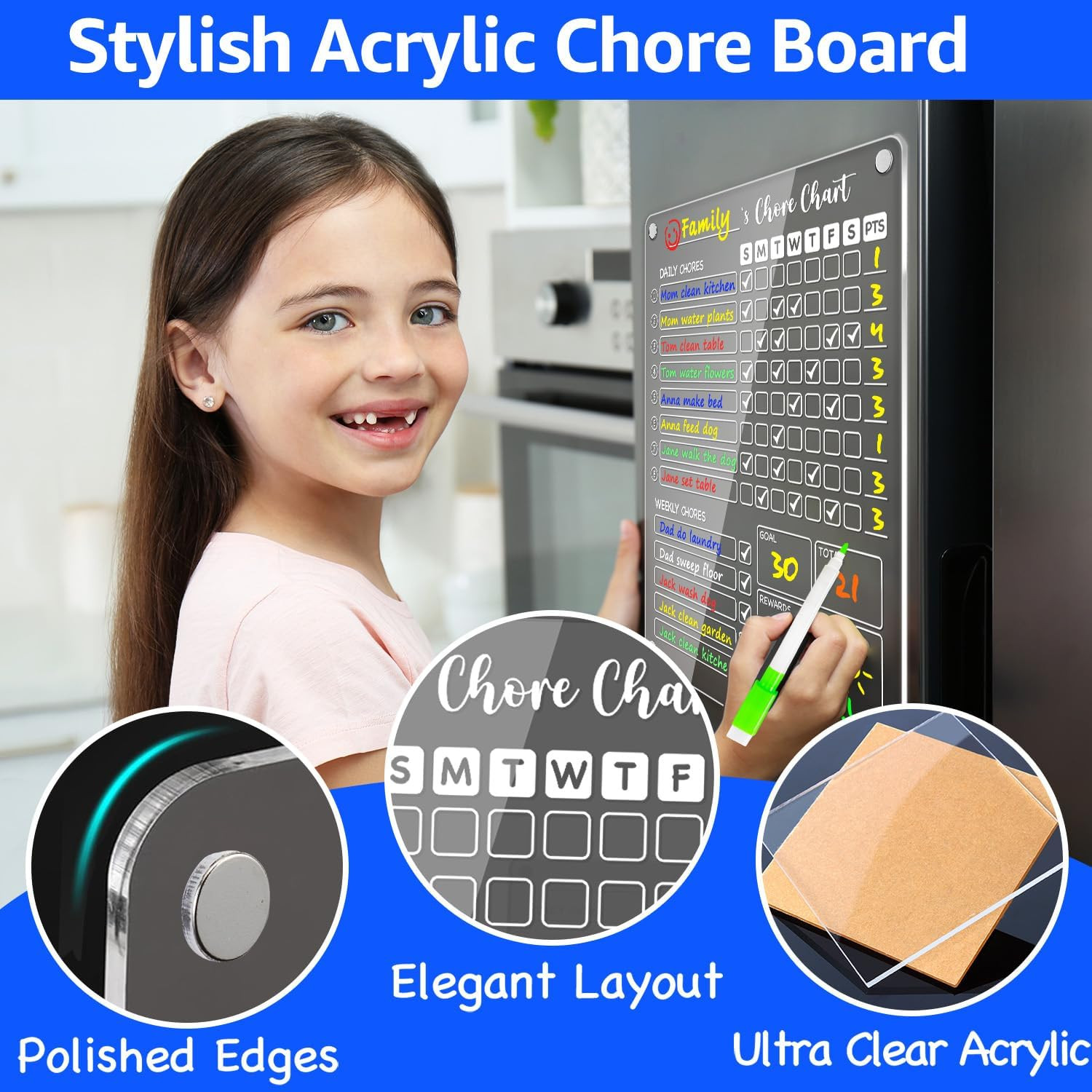 3 Pack Acrylic Magnetic Kids Chore Chart for Multiple Kids & Family on Fridge –