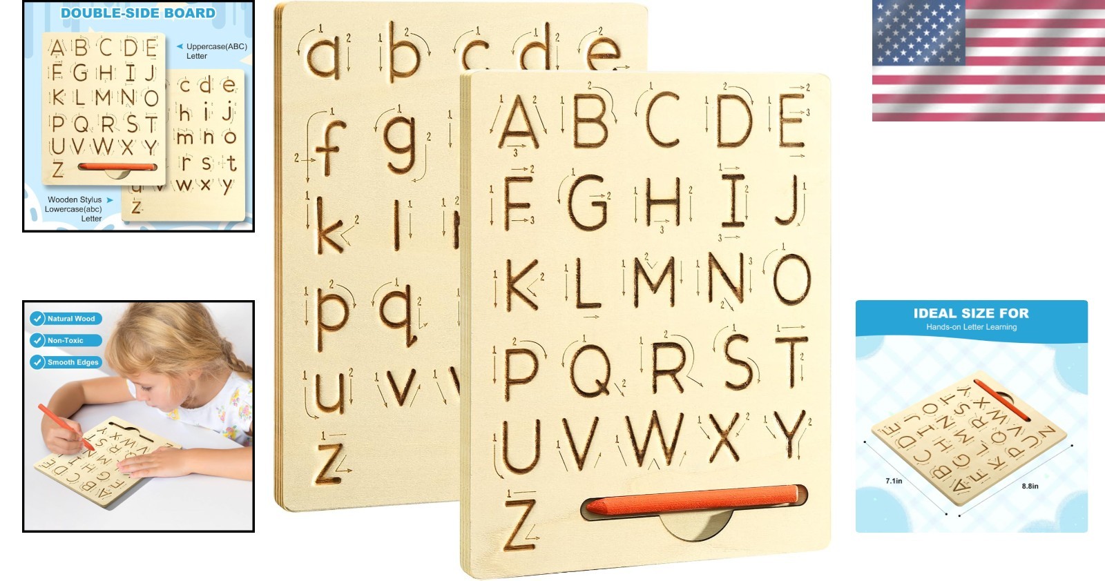 Double-Sided Wooden Alphabet Tracing Board for Kids – Reusable Handwriting Tool