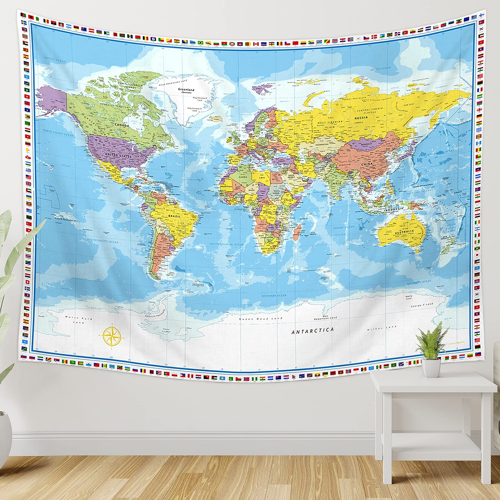 Large World Map Tapestry Wall Hanging For Kids Educational With Country Flags…