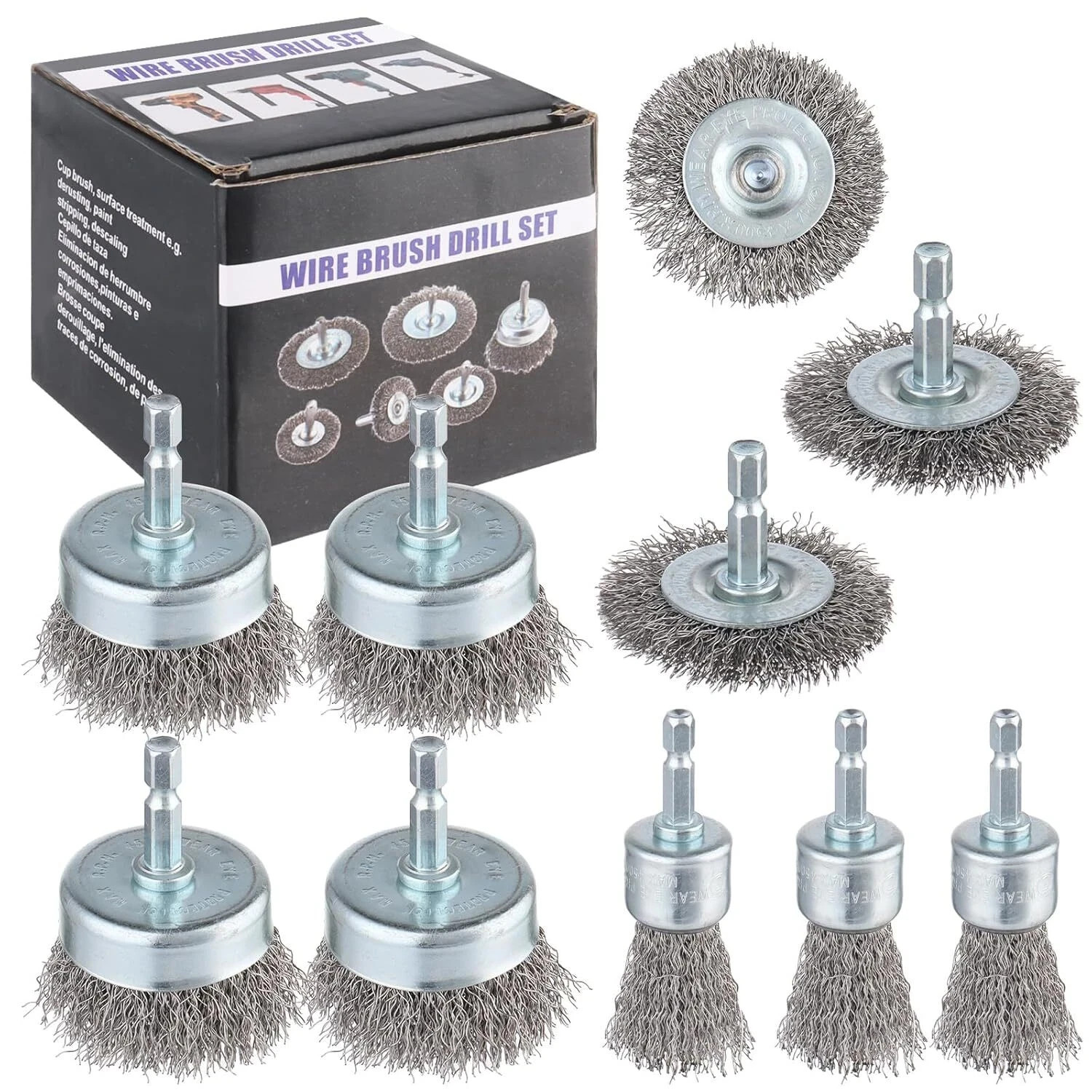 Rocaris 10-Pack Carbon Steel Wire Wheel, Cup, Pen Brush Set with 1/4-Inch Hex
