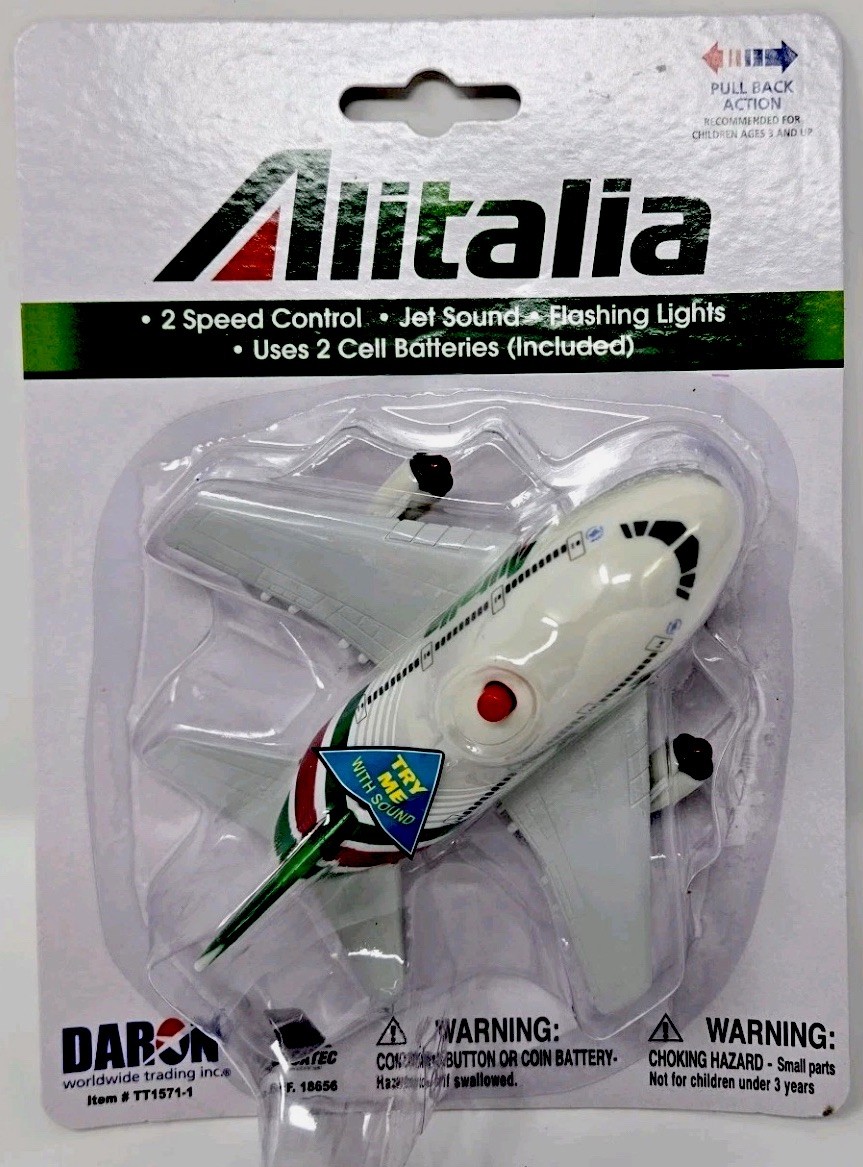 ALITALIA Toy Kids Fun Plane Jet Pull-Back Release Light Up & Noises HTF RARE New