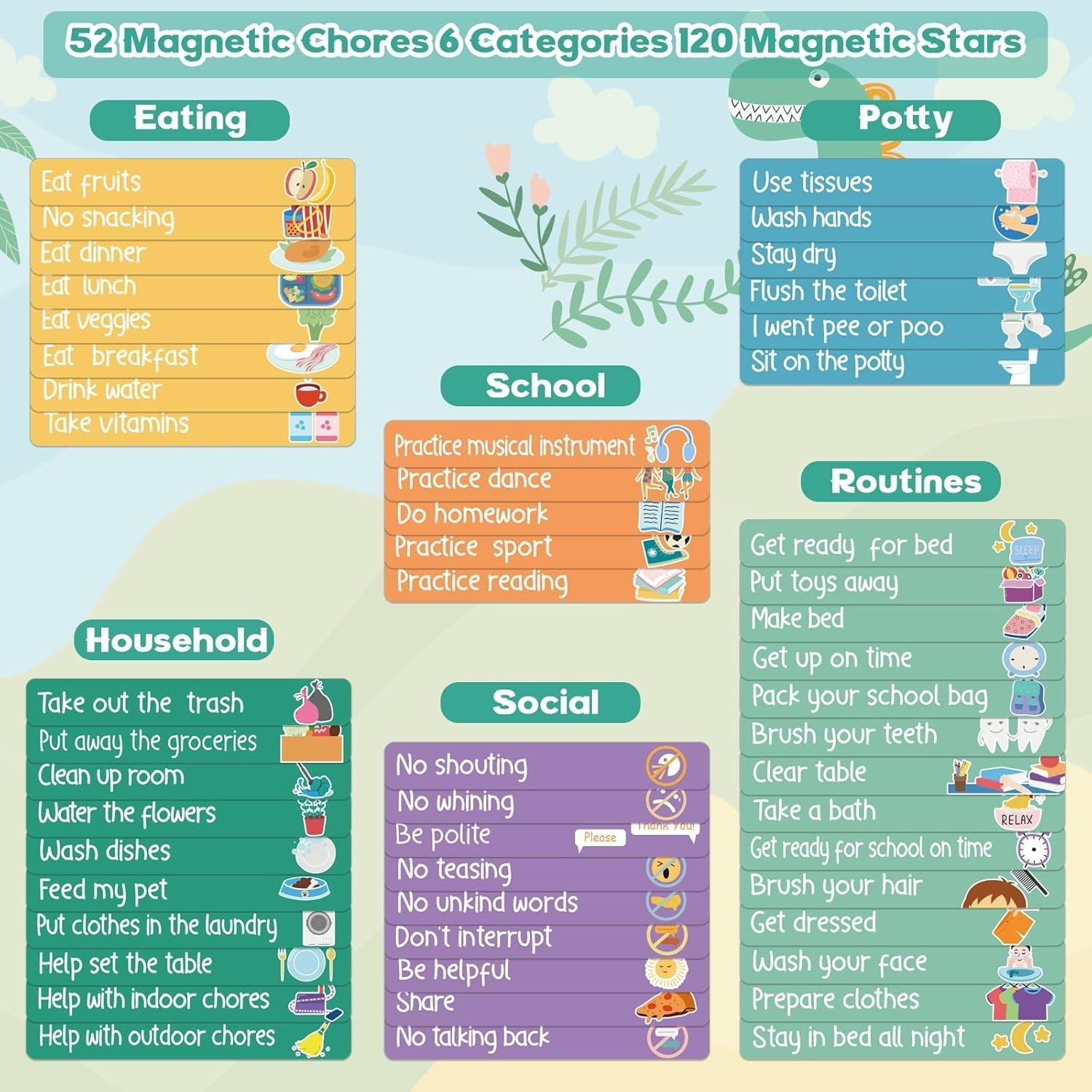 Reward Chart for Kids, Dinosaur Magnetic Behavior Chart for Kids at Home with…