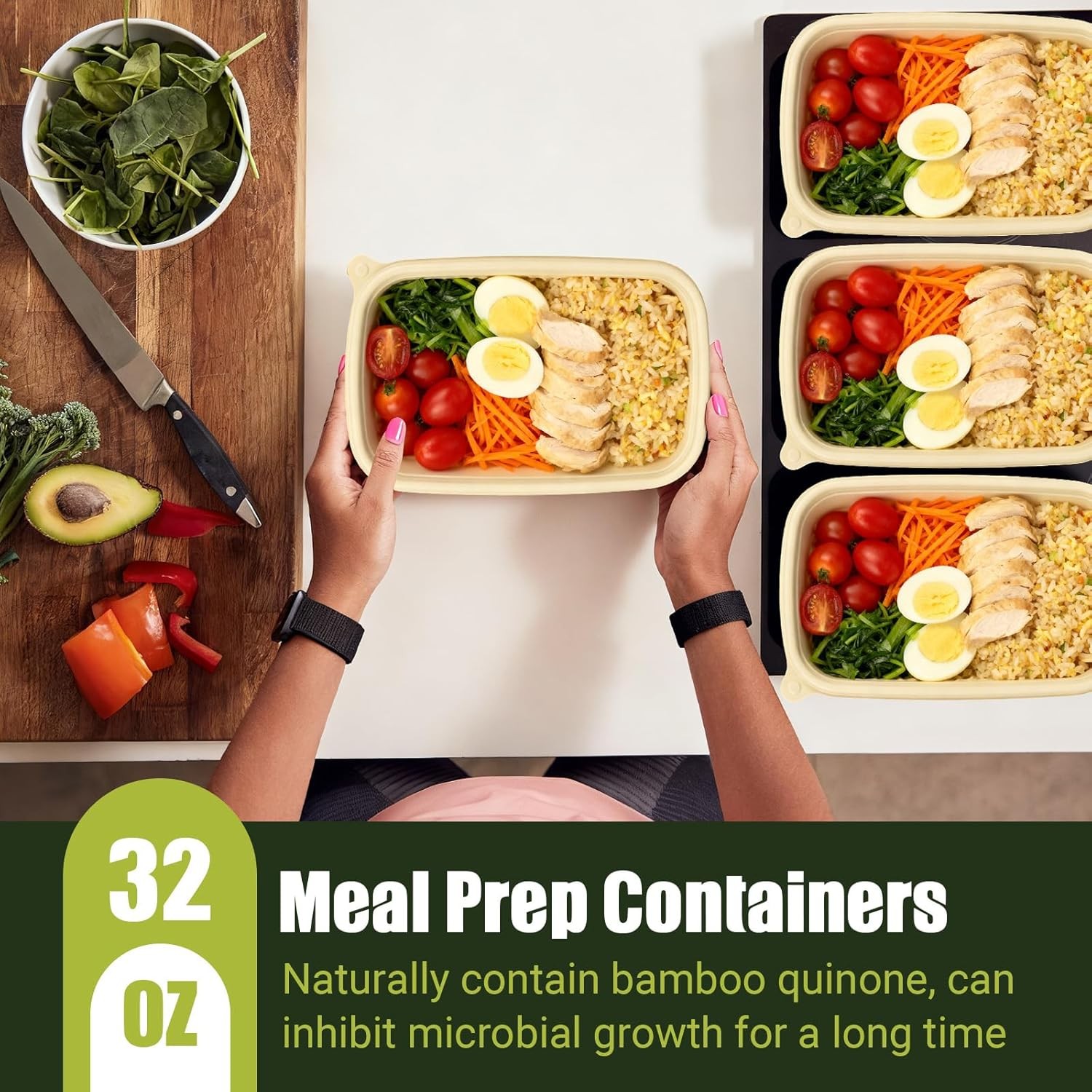 25Pack(50pcs Meal Prep Containers Reusable 32oz Bamboo-Powder Food Containers W/