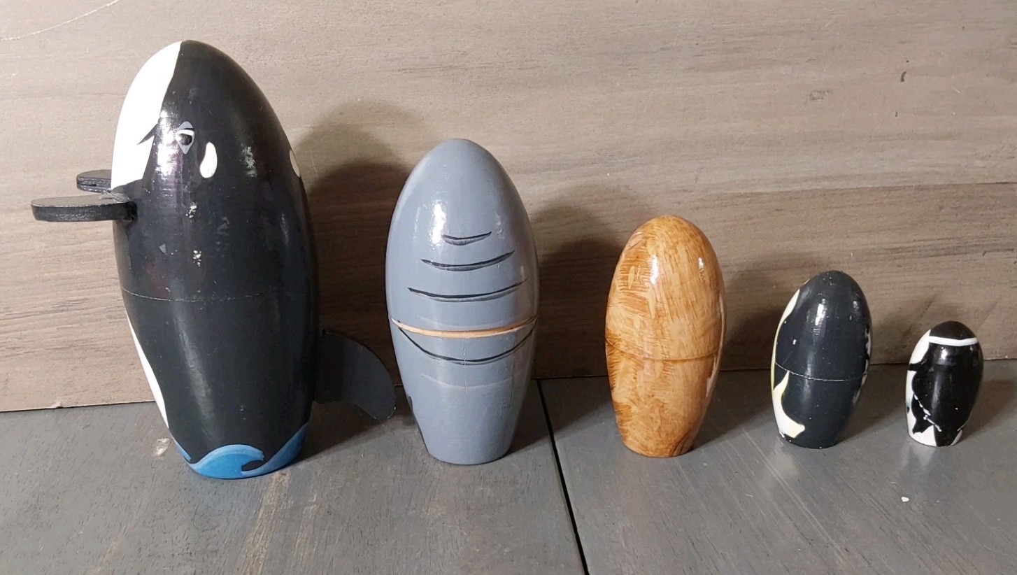 Ocean Marine Life 5pc Wooden Painted Nesting Doll Whale Walrus Penguin Puffin