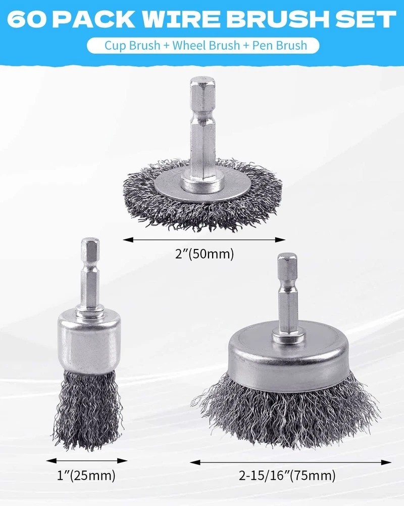 60 Pack Rocaris Carbon Steel Wire Wheel Brush Set – Cup, Wheel, and Pen Brushes