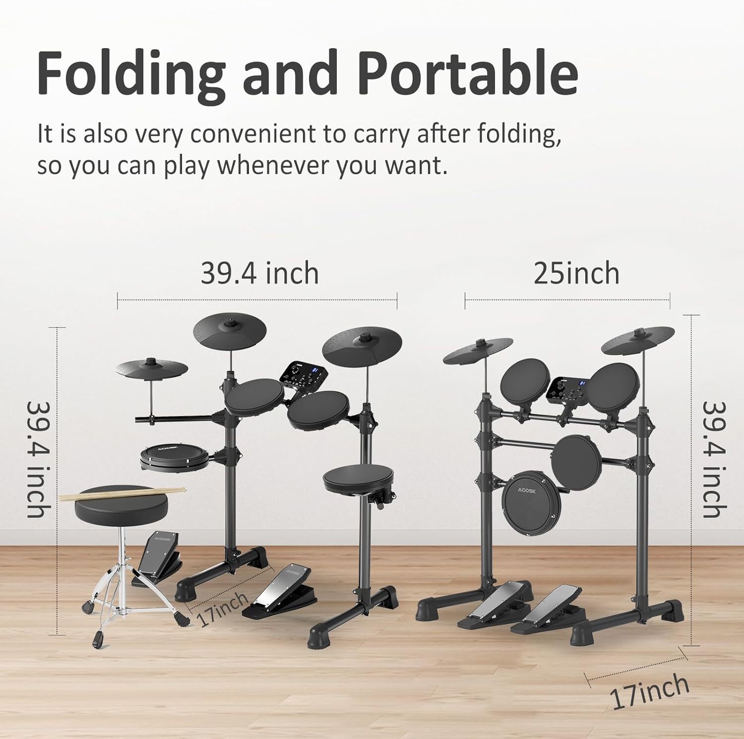 AODSK Electric Drum Set for Beginner Kids with 150 Sounds,4 Quiet Drum Pads,2