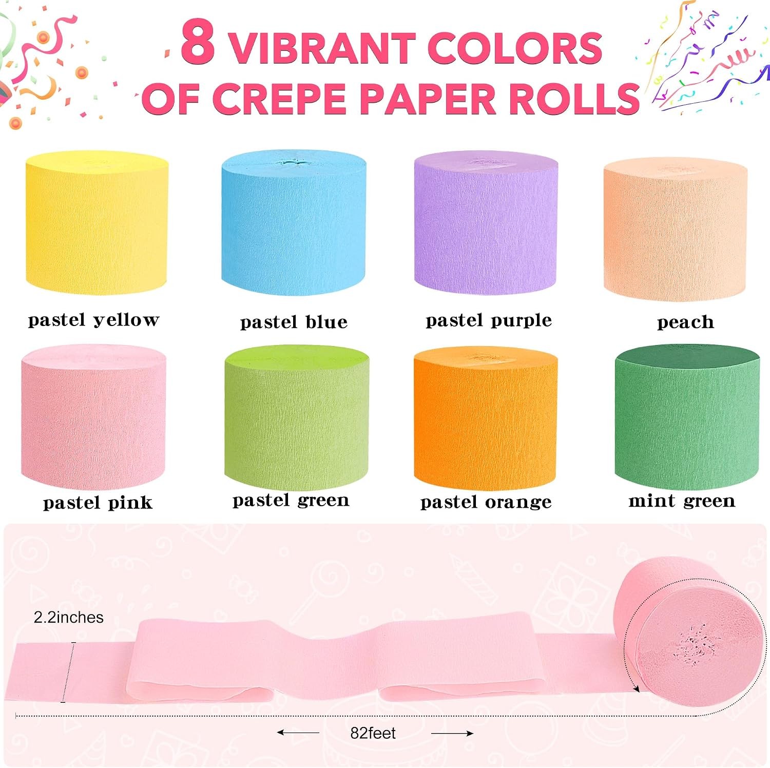 Oubest 2.2inx656ft Crepe Paper Streamers 8 Rolls Pastel