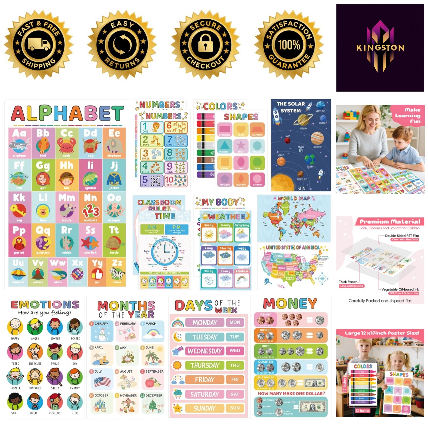Essential 16 Educational Posters for Preschool Homeschool – Waterproof & Durable