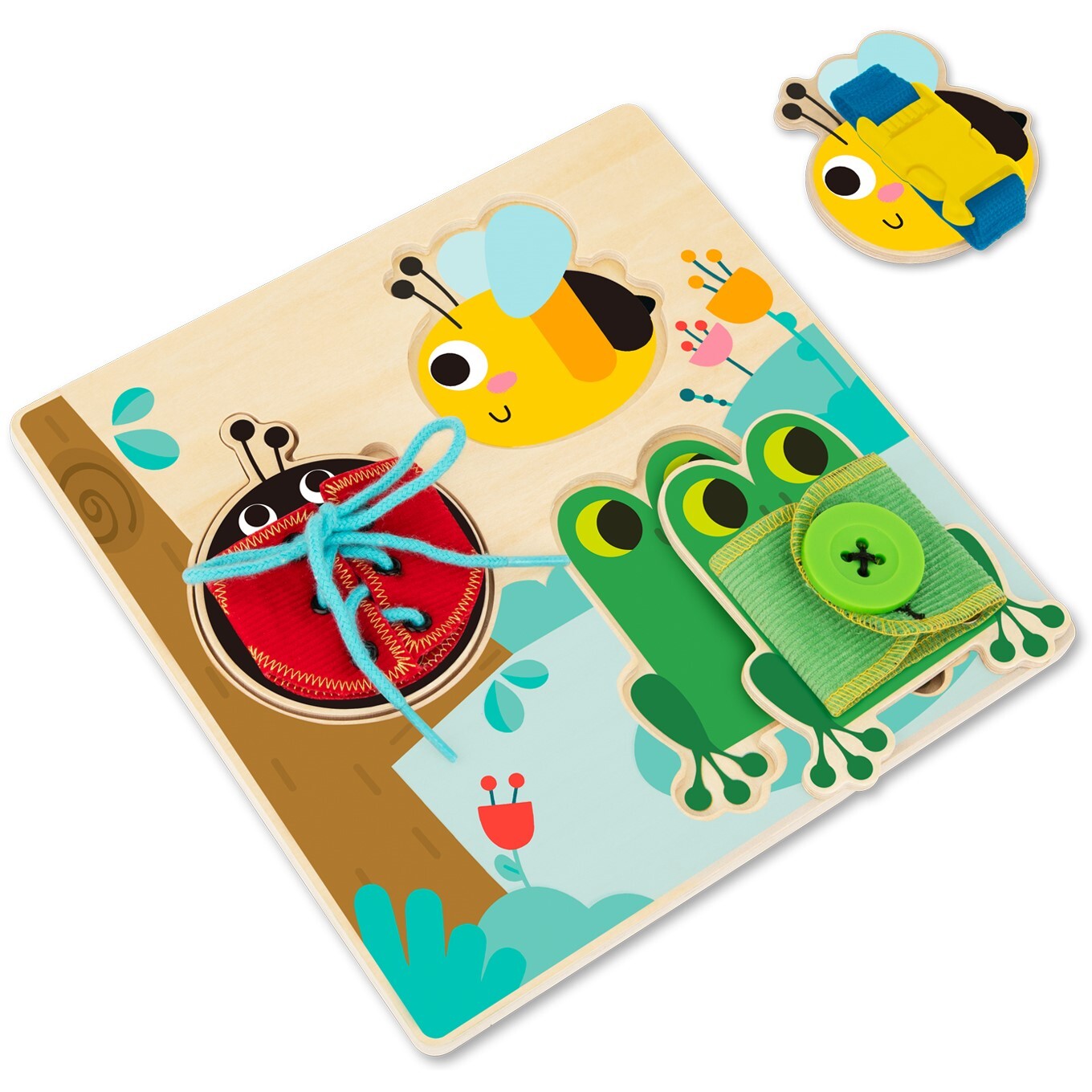 TOOKYLAND Wooden Basic Skills Board – 5pcs – Lace, Tie, Snap and Button, Ages 3+