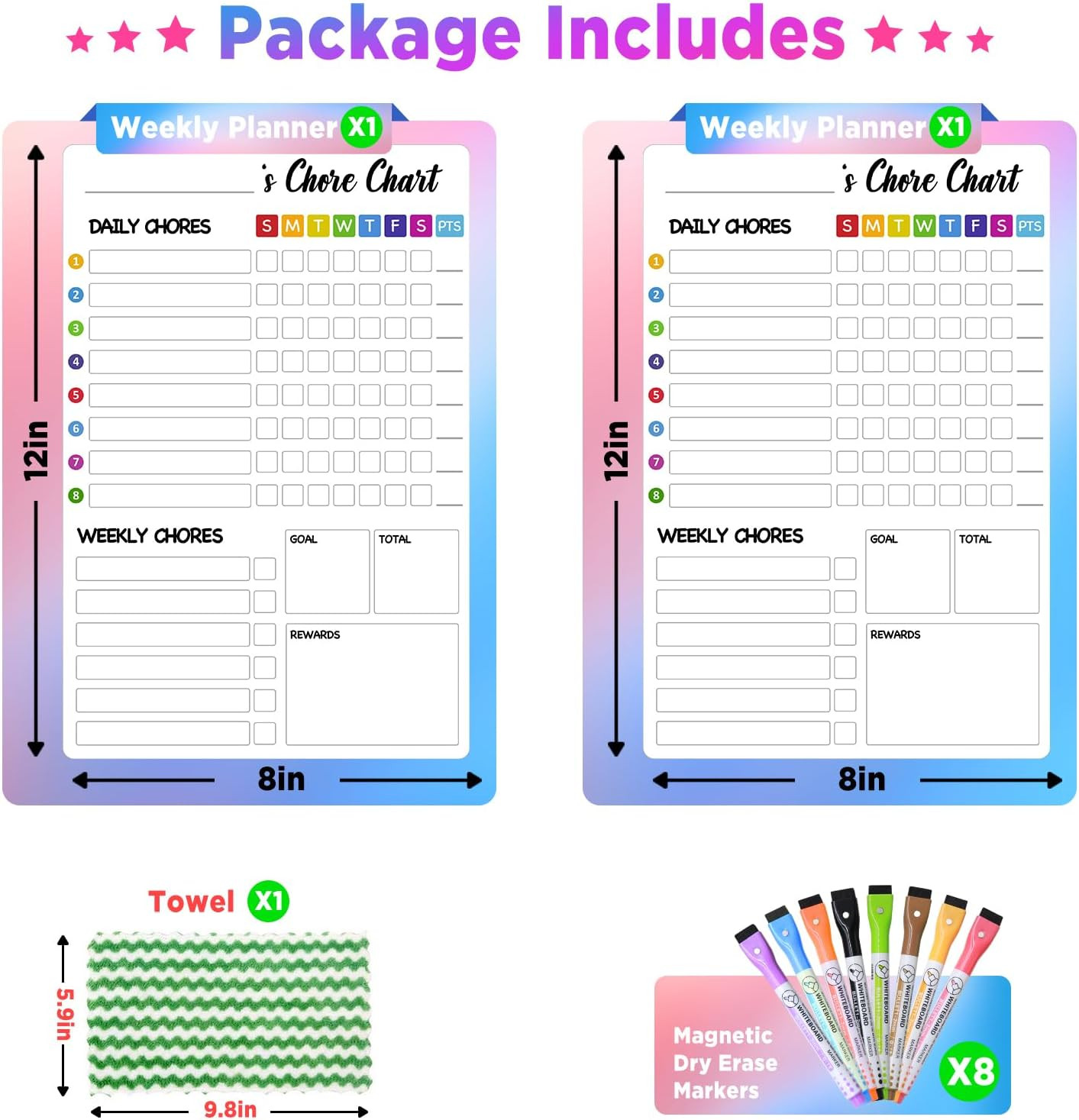 Chore Chart for Kids with 8 Markers, 2 Pack 8″x12″ Dry Erase Chore Chart for Mul