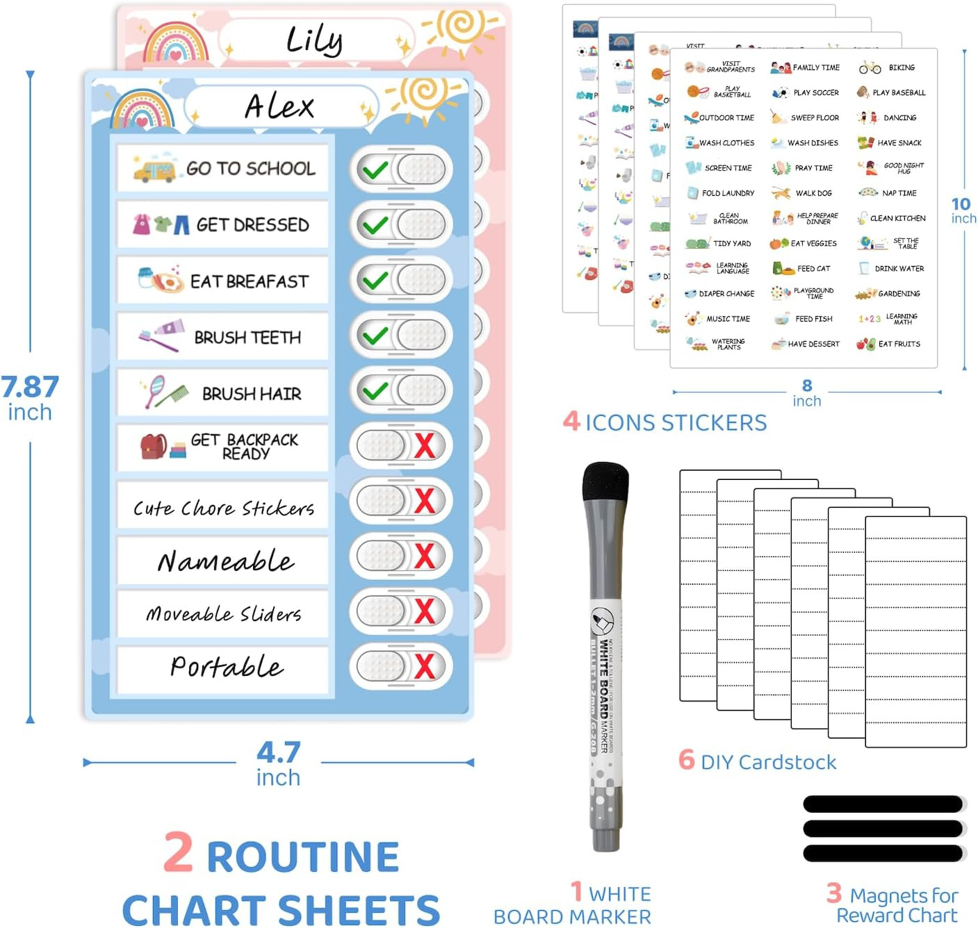 2 in 1 Namable Chore Chart for Kids, Dry Erase Morning/Bedtime Routine Chart for