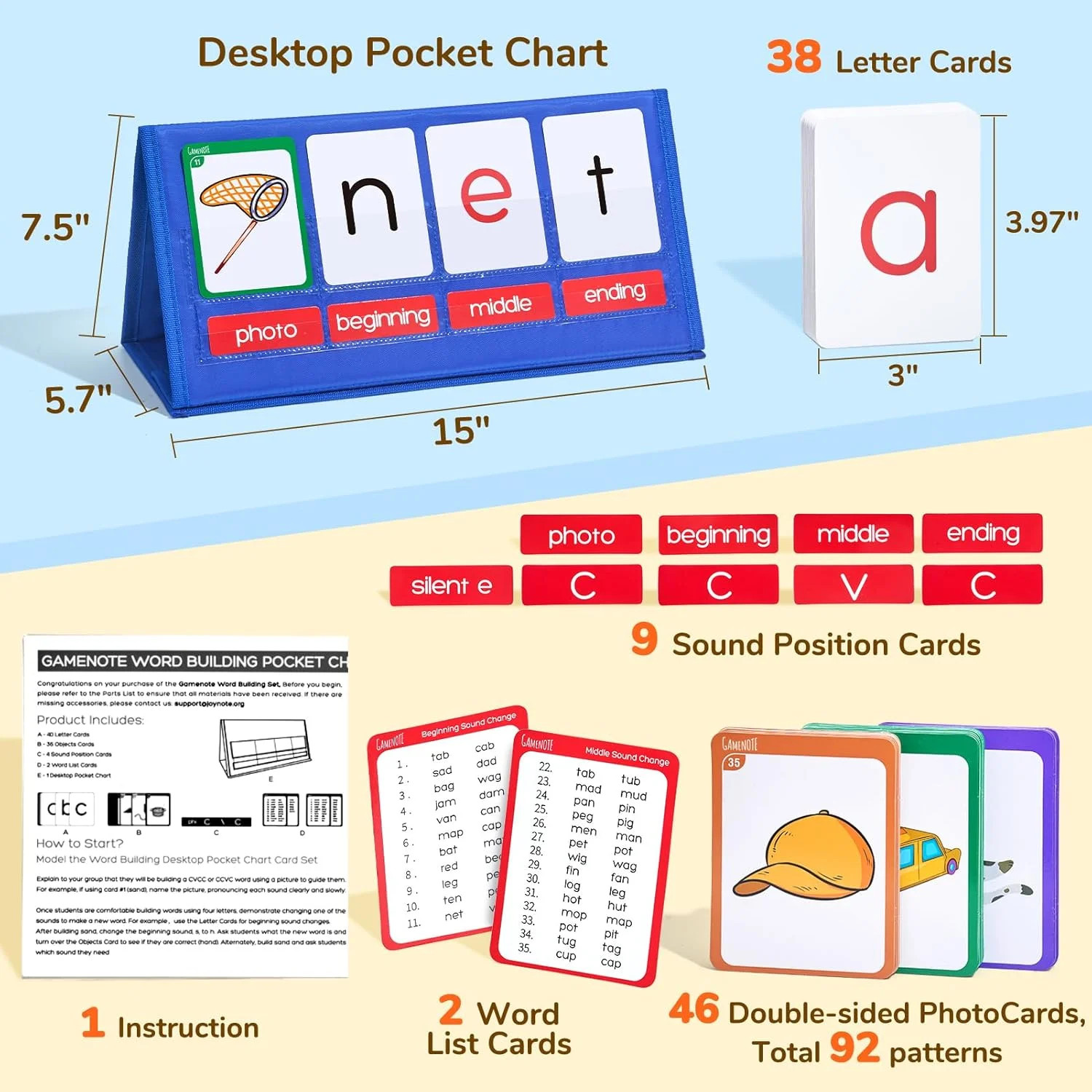 Gamenote Word Building Desktop Pocket Chart Tent Flash Cards Kit – CVC Words Pho