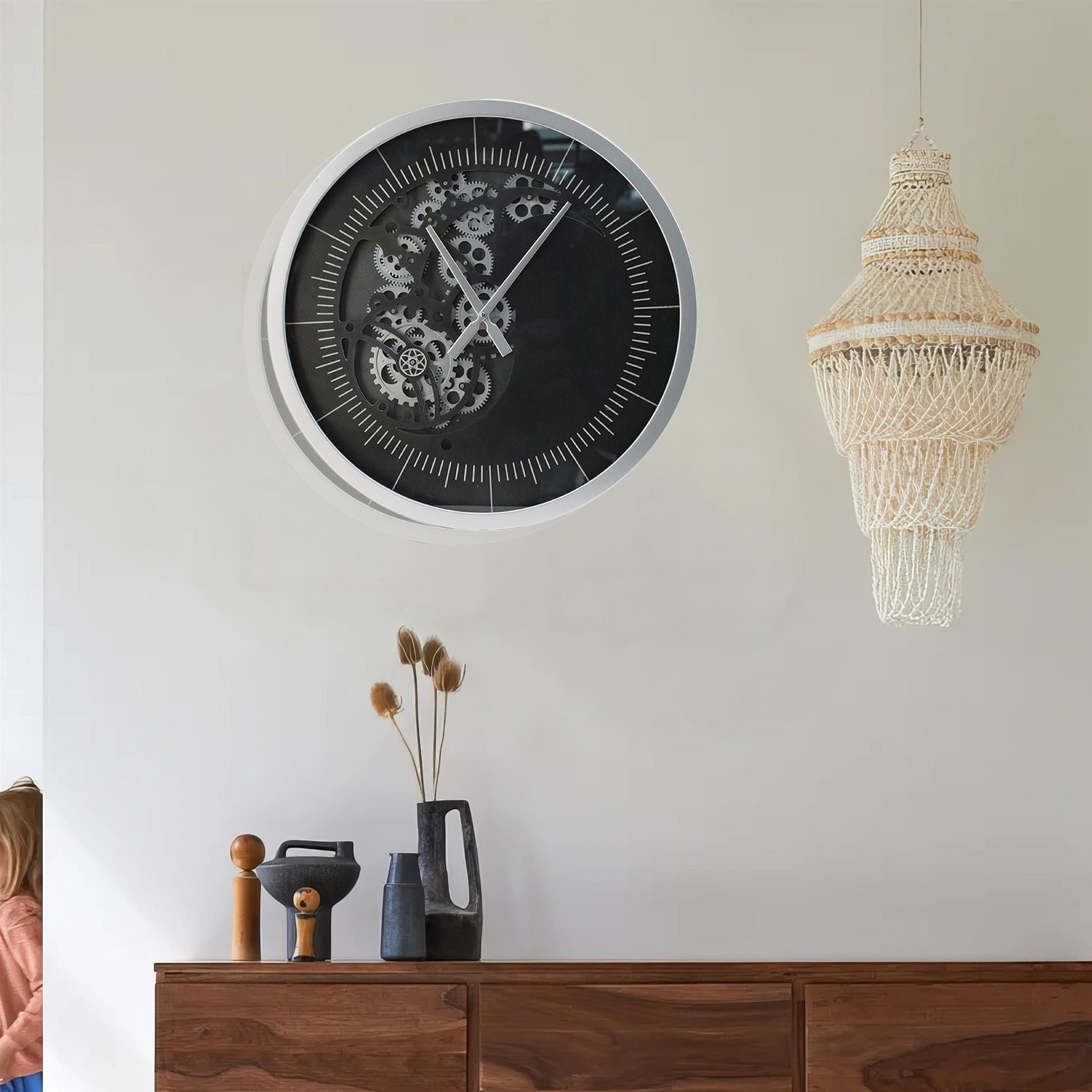 Benjara Reny 23″ Wall Clock- Decorative Gear Design- Round- Silver- Black Iron