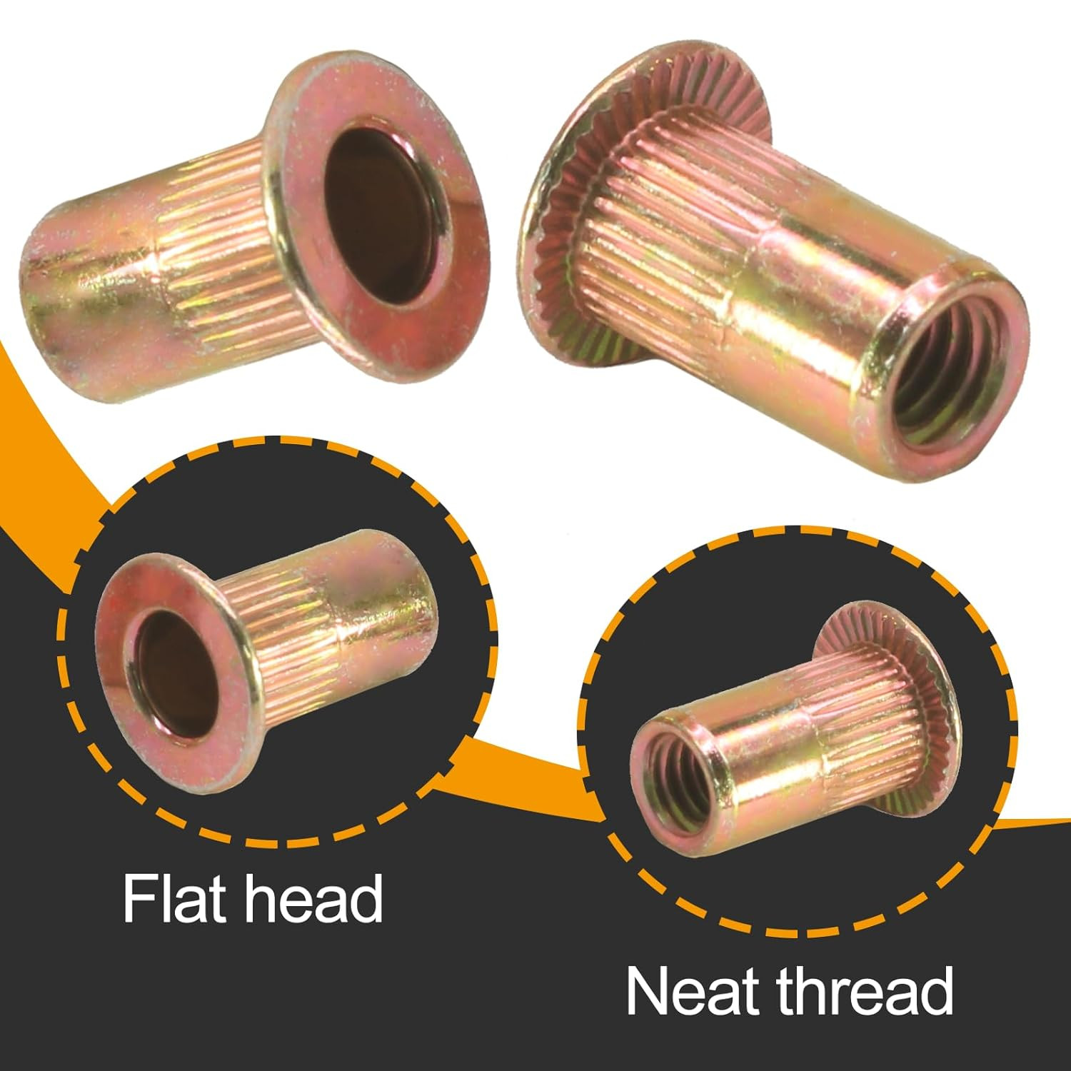 100Pcs #10-32 Rivet Nuts, Carbon Steel Rivnut Flat Head Threaded Insert Nut Knur