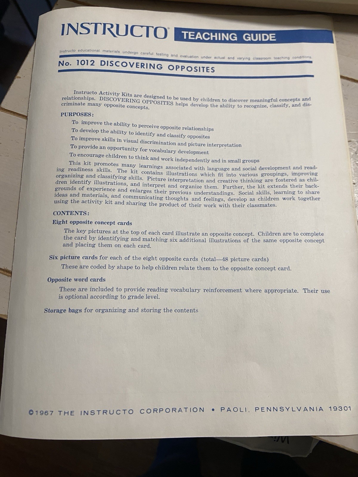 Vintage 1966 Educational Instructo Activity Kit Discovering Opposites Homeschool