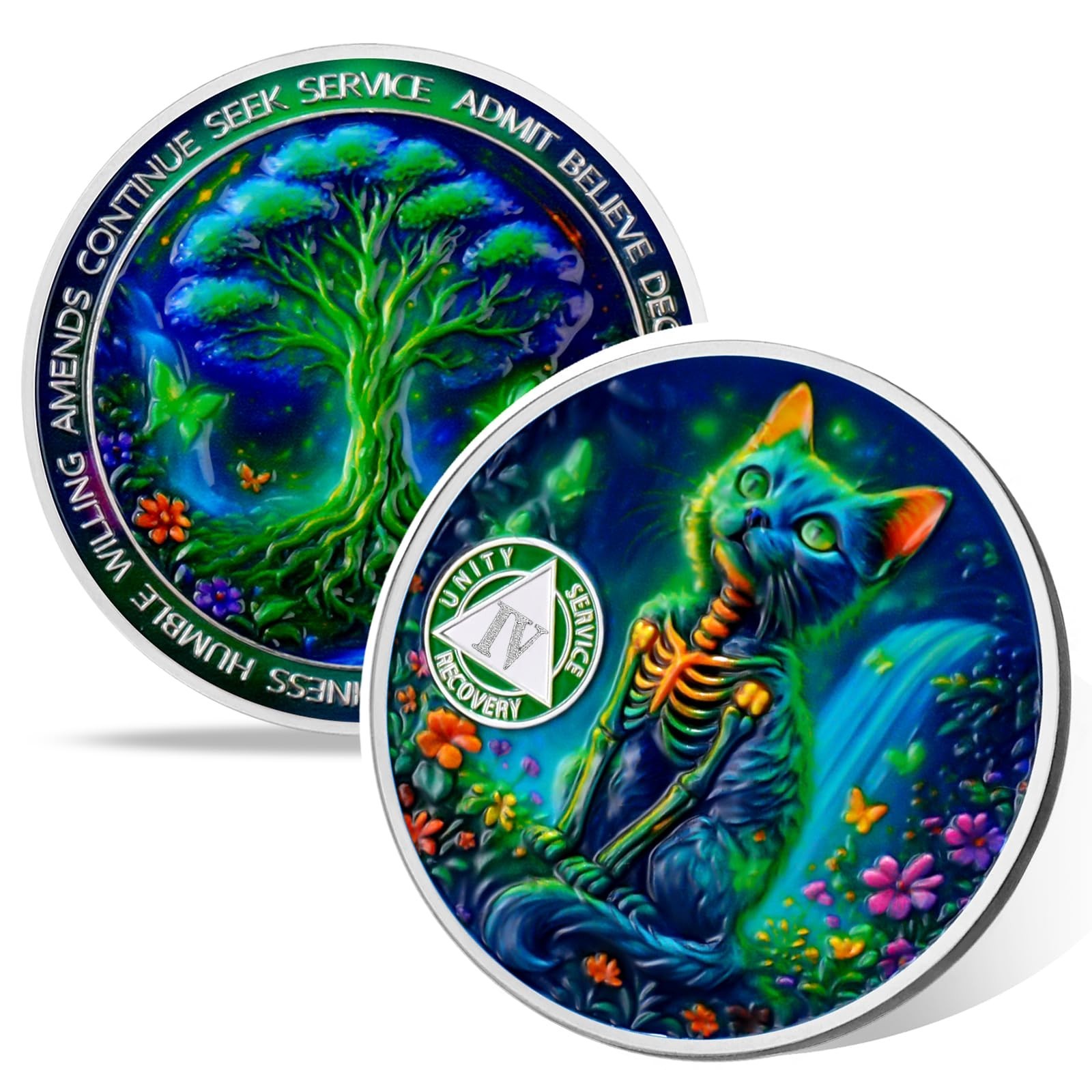 Glow Forest Cat 4 Year Sobriety Coin, Affirmation AA Coins, Tree of Life Addi…