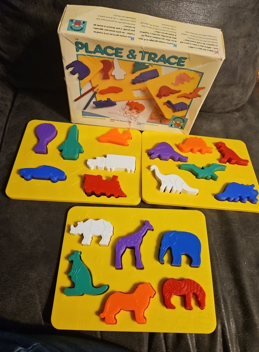 1984 Discovery Toys Place & Trace Puzzle Dinosaur, Zoo, Transportation Stencils