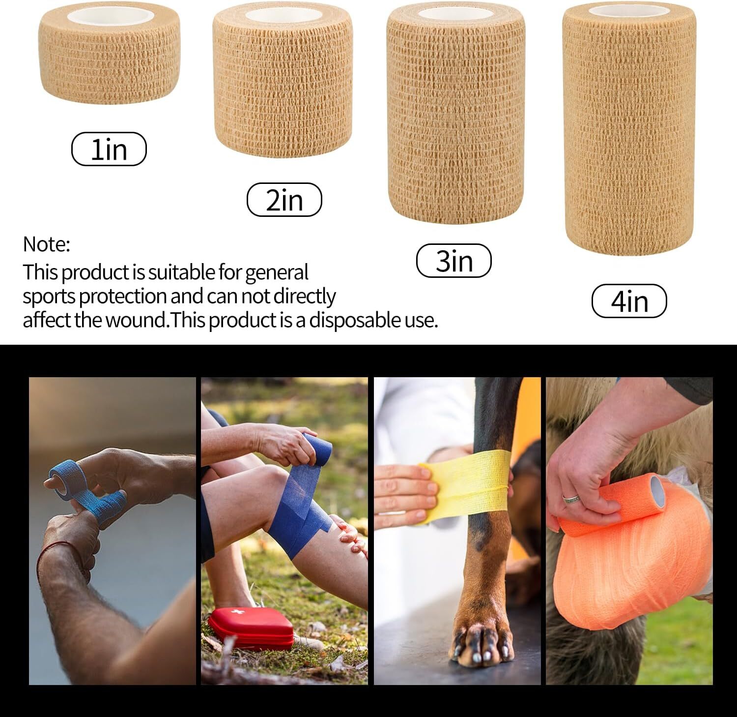 1″/2″/3″/4″ Self Adhesive Bandage Wraps, 6/12/24/48 Pack Vet Wraps, 12 Colors to