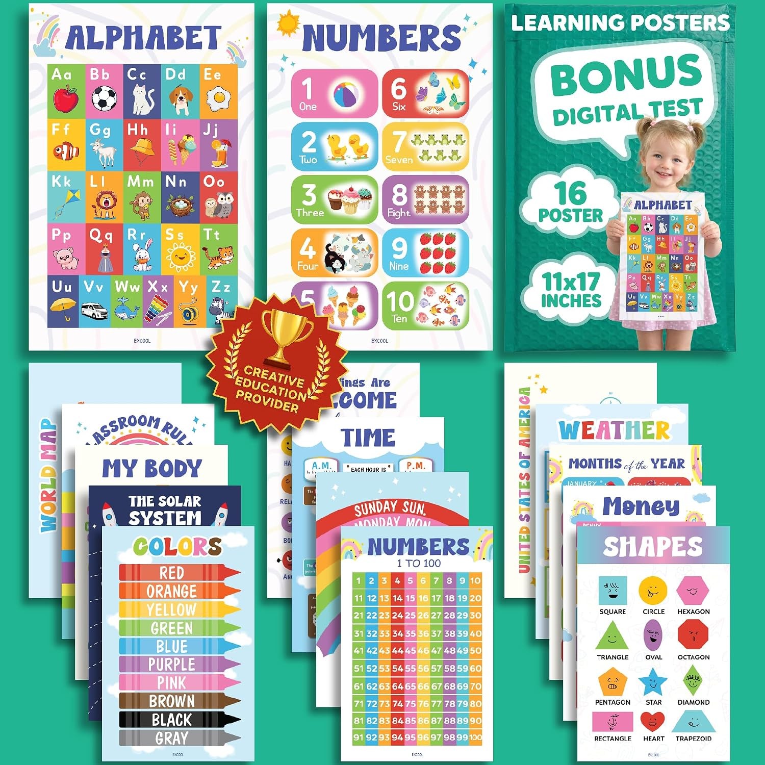 Colorful Educational Posters For Toddlers 11×17 Inch Learning Materials
