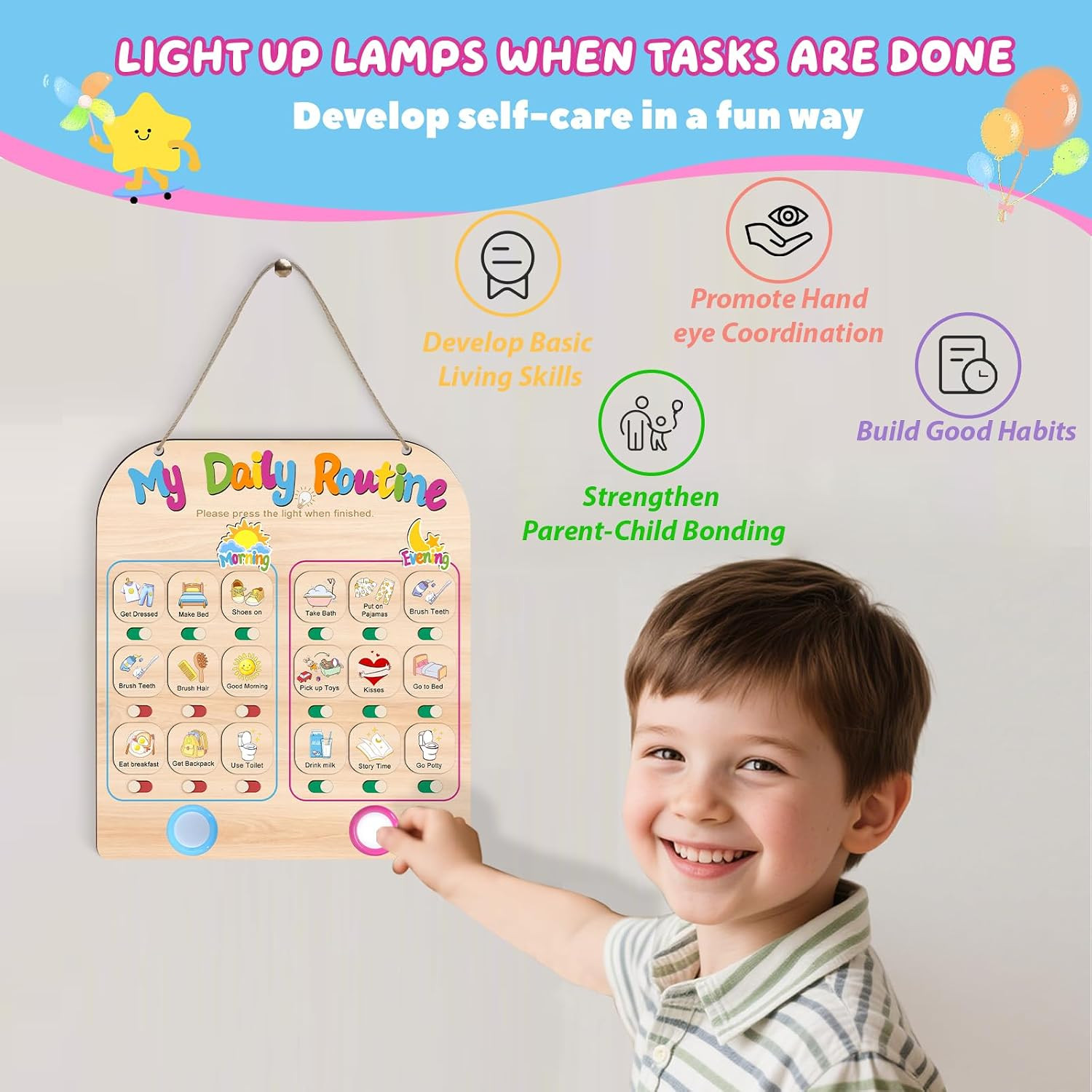 Daily Routine Chart for Toddlers, 2 in 1 Morning Bedtime Routine Checklist Chart