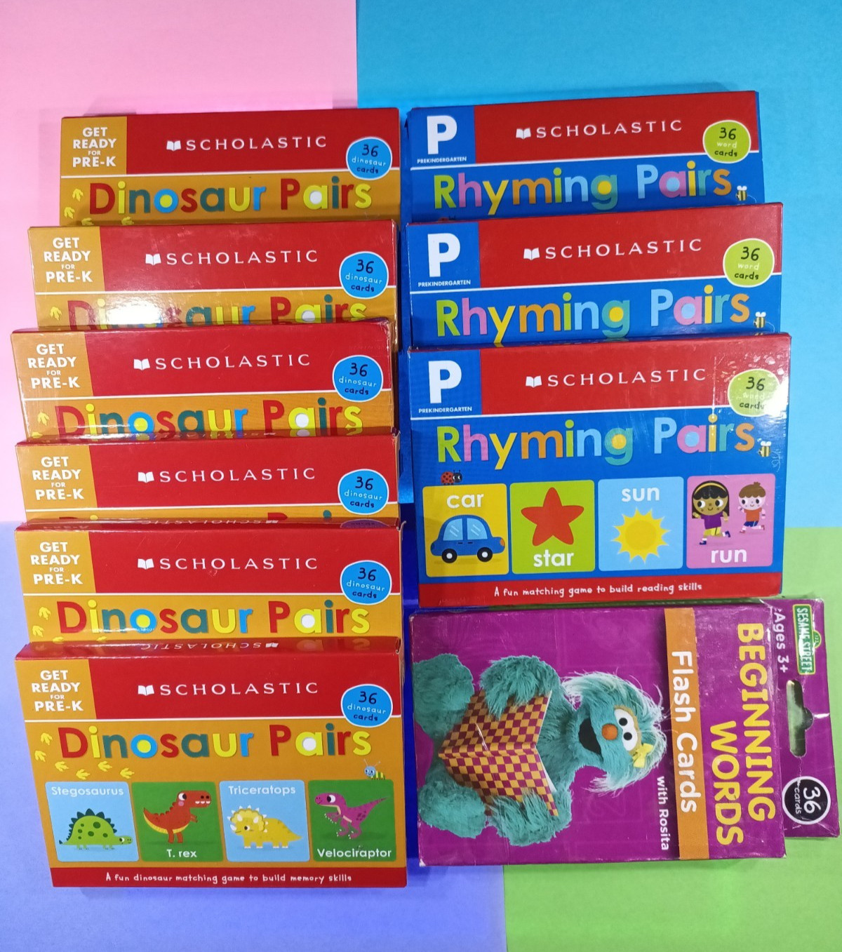 Scholastic Sesame Street Dinosaur Rhyming Words Flash Cards Matching Lot of 10