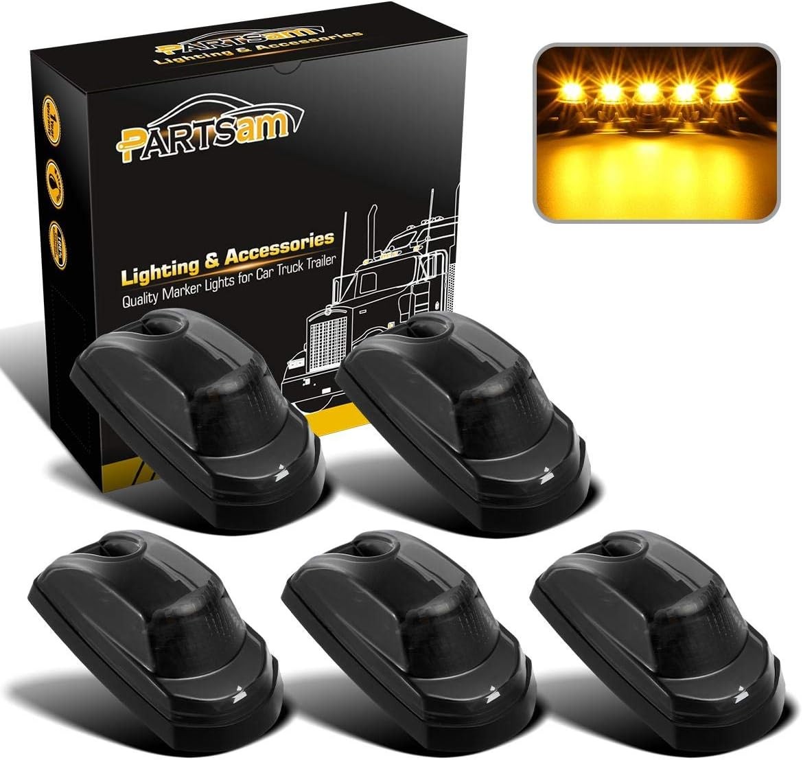 Partsam 5Pcs for F250 F350 F450 Smoke Cab Lights Amber LED Cab Marker Roof Runni