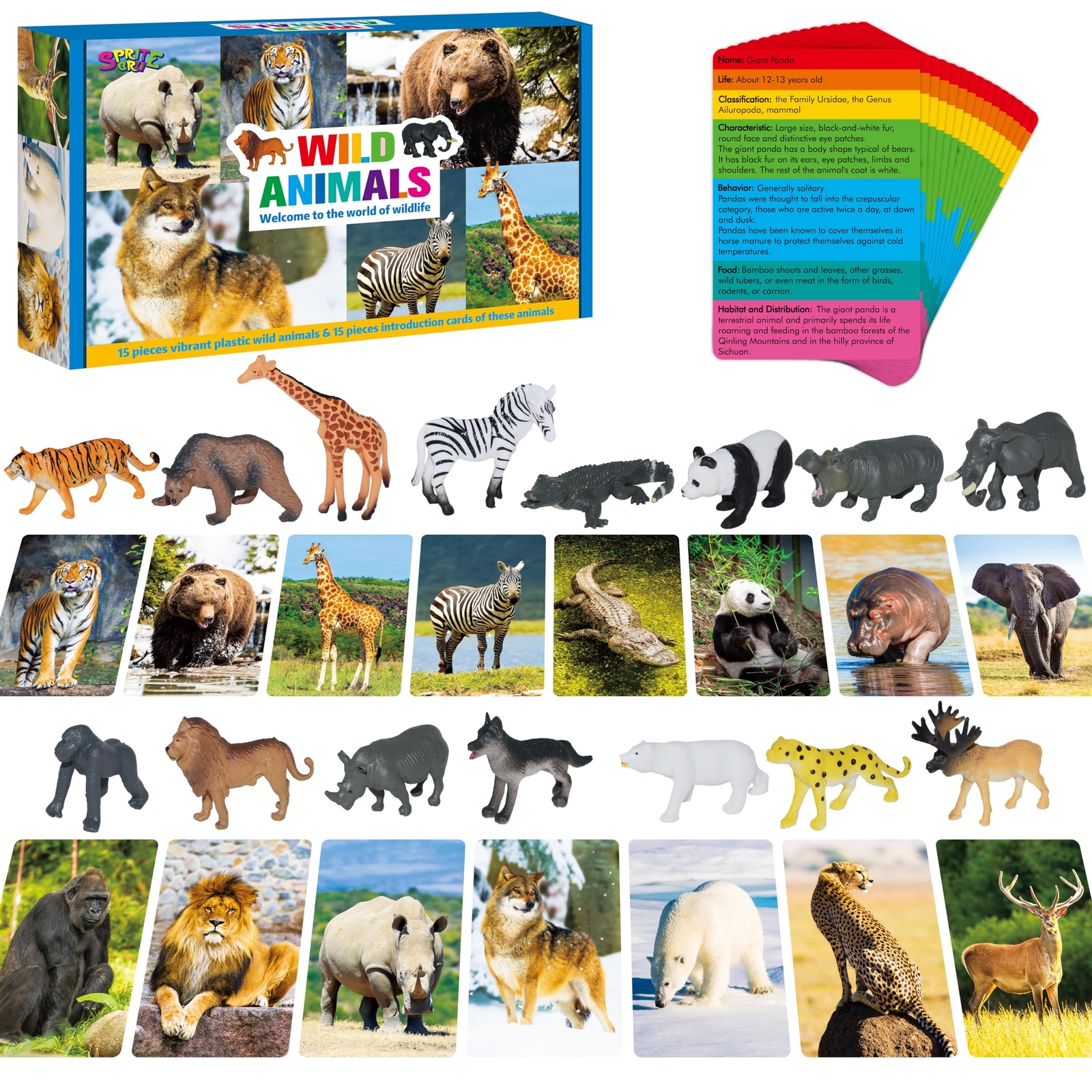 15 PCS Safari Animal Figurines with 15 Introducing Flashcards Zoo Animal Figures