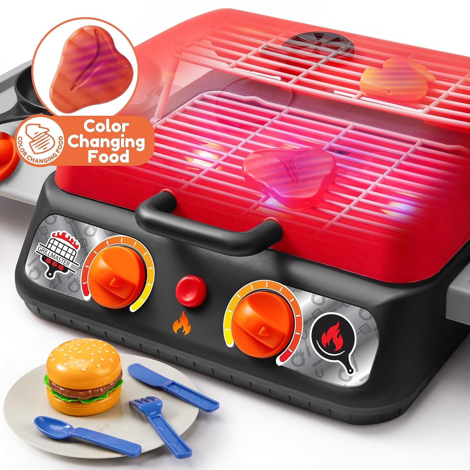 Kids BBQ Grill Playset, Kitchen Toy Set with Pretend Smoke, Light, Sound & Co…
