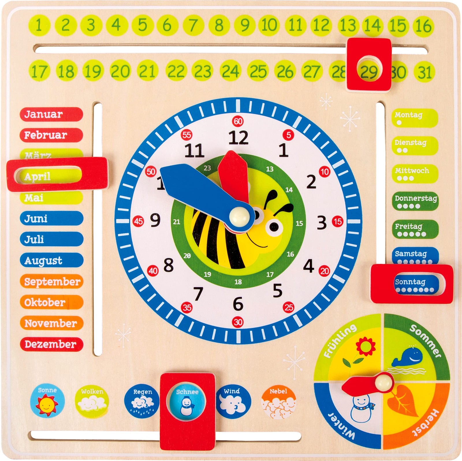 small foot 4765 wooden learning clock “busy bee”, learning board for date, time