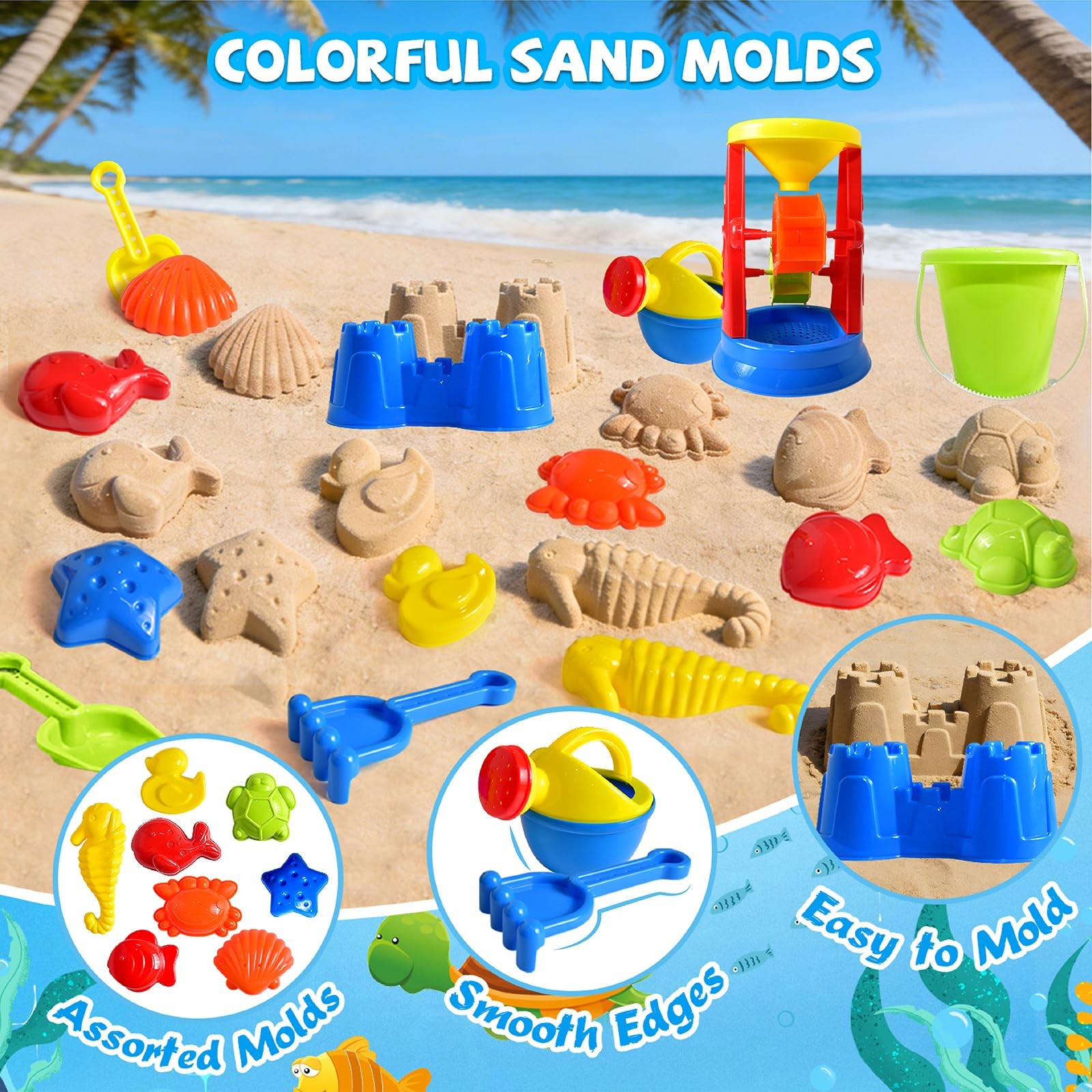 Beach Toys, 19 Piece Sand Toys Set Kids Sandbox Medium, Multicolor