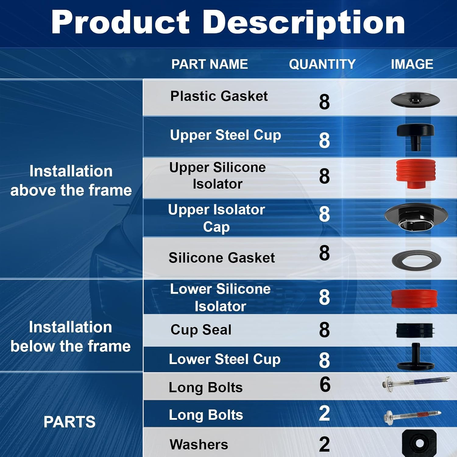 Silicone Body Mount Bushings Bolt Kit 8 Pcs Compatible with 2008-2016 Ford F250