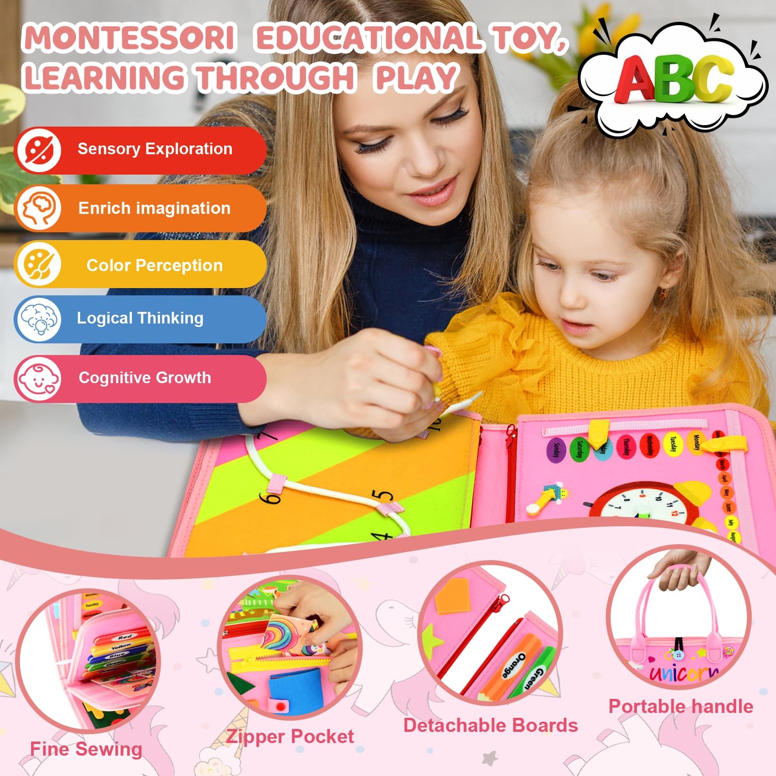 Toddler Busy Board Montessori Toys, 10.89 x 8.78 x 2.09 inches, Pink