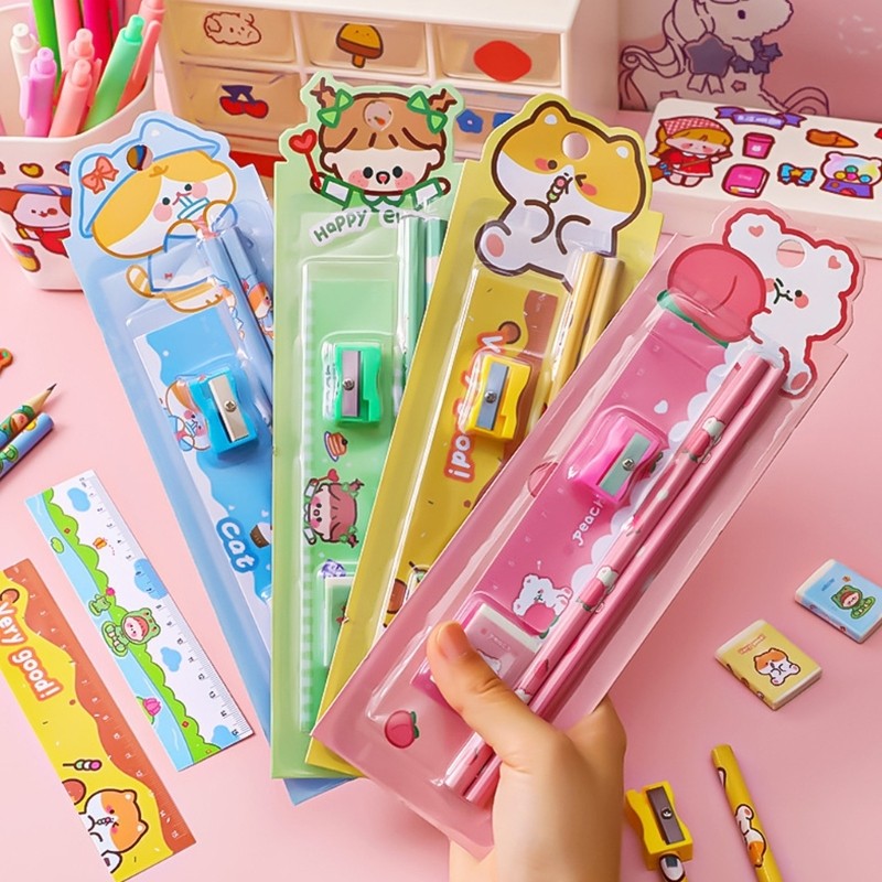 5 Pack Cartoon Wooden Pencils Kids Art Tools Eraser Sharpener Essential Set