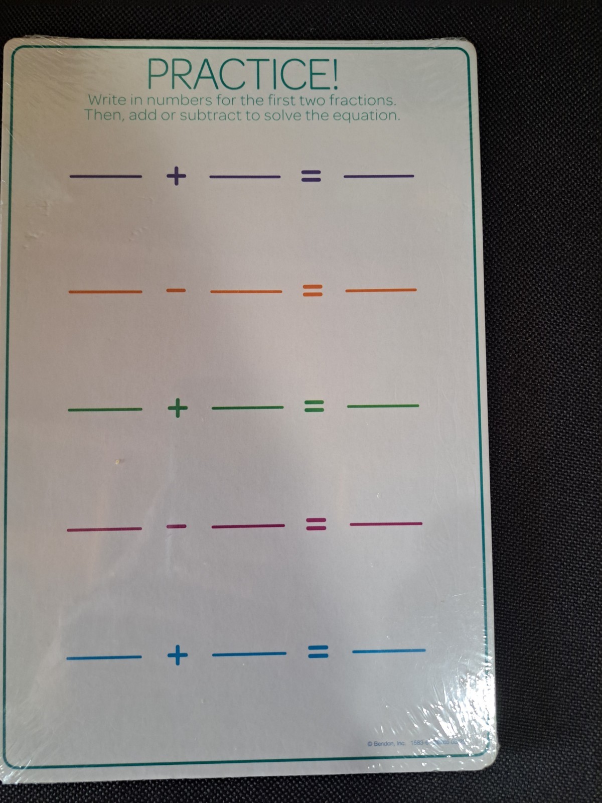 Bendon fractions dry erase board, Wipe Clean, 6in.x 9inch. Double Sided- NEW
