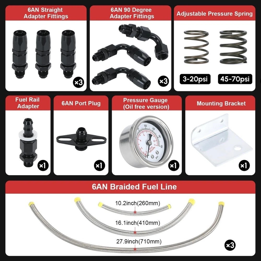 Adjustable Fuel Pressure Regulator Kit 3-70PSI With 6AN Return and 6AN feed Port