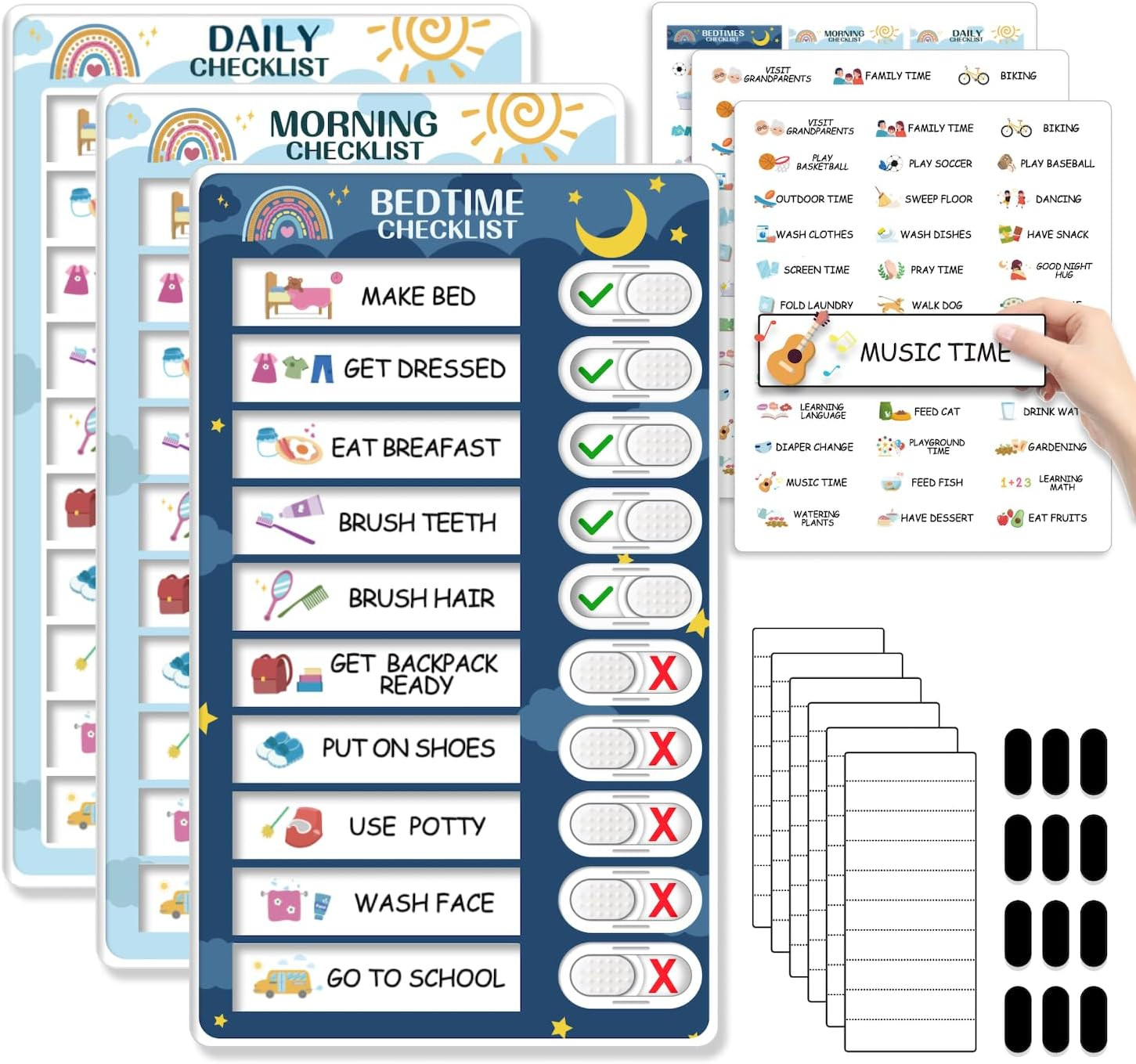 3 in 1 Bedtime/Morning/Daily Routine Chart for Kids, Magnetic Chore Chart for Ki