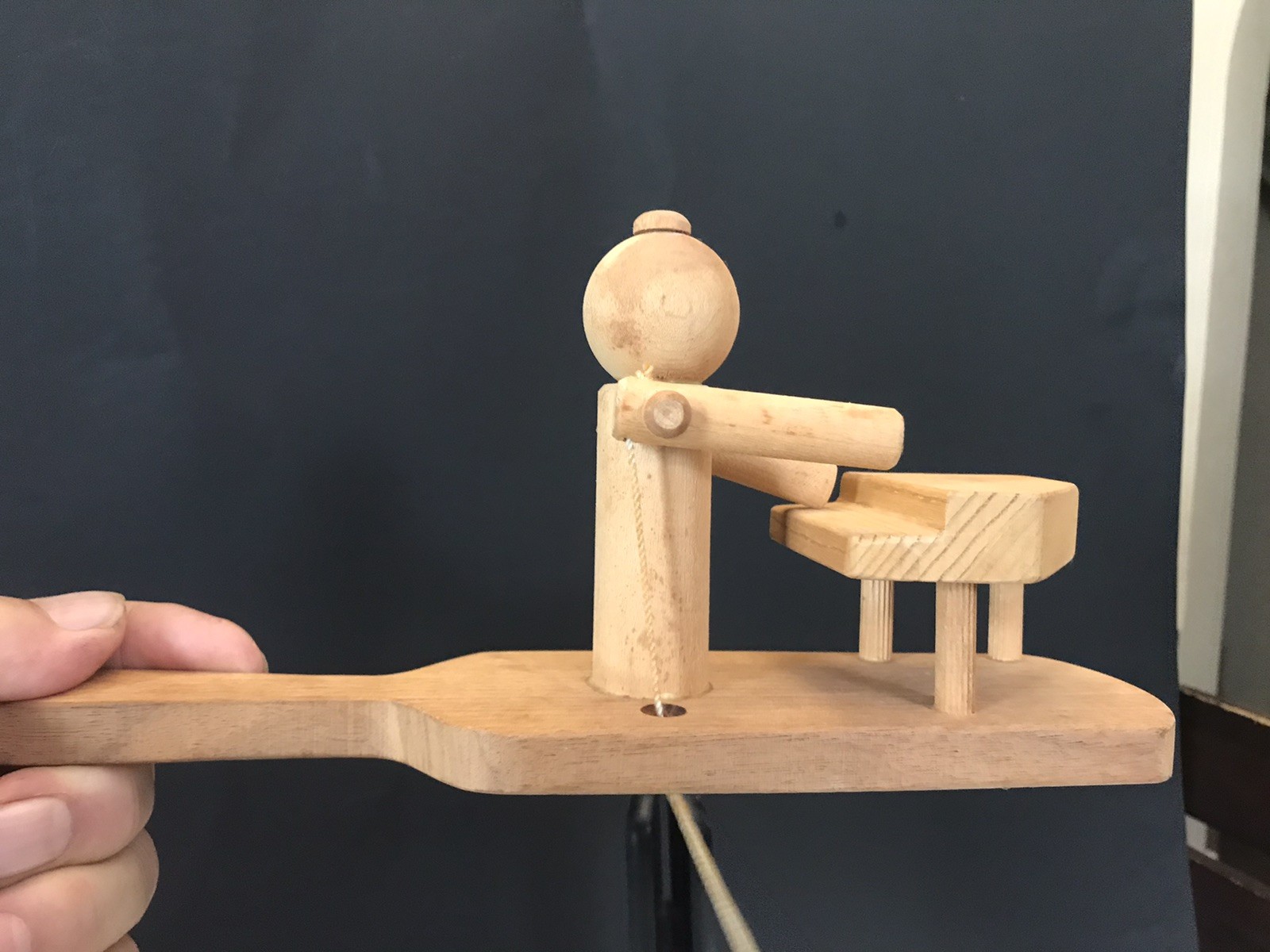 Vintage Wood Kinetic Folk art Handmade Wood Toy Women Playing Piano 1985 Signed
