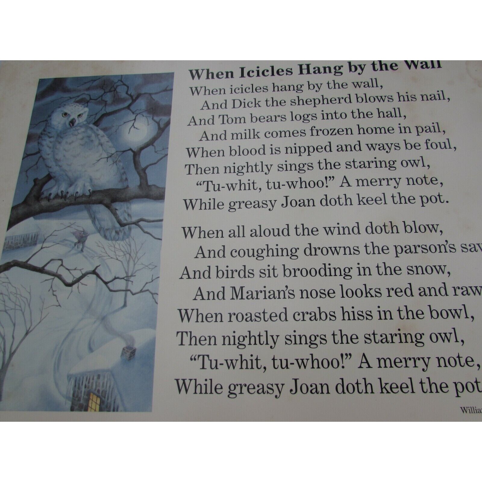 When Icicles Hang the Wall School Poster William Shakespeare 30254 Poetry VNTG