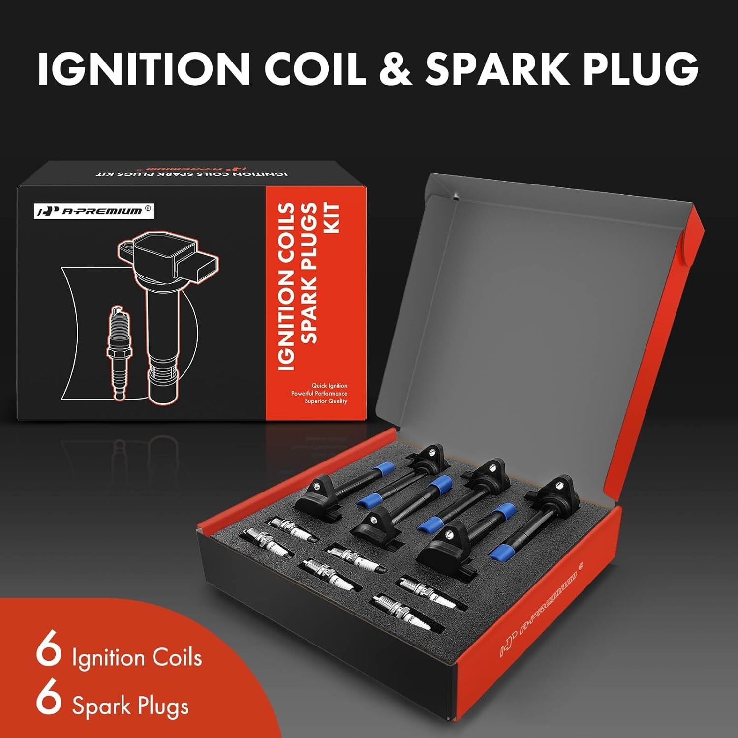 Black APM Set of 6 Ignition Coil Pack and Iridium Spark Plugs Compatible