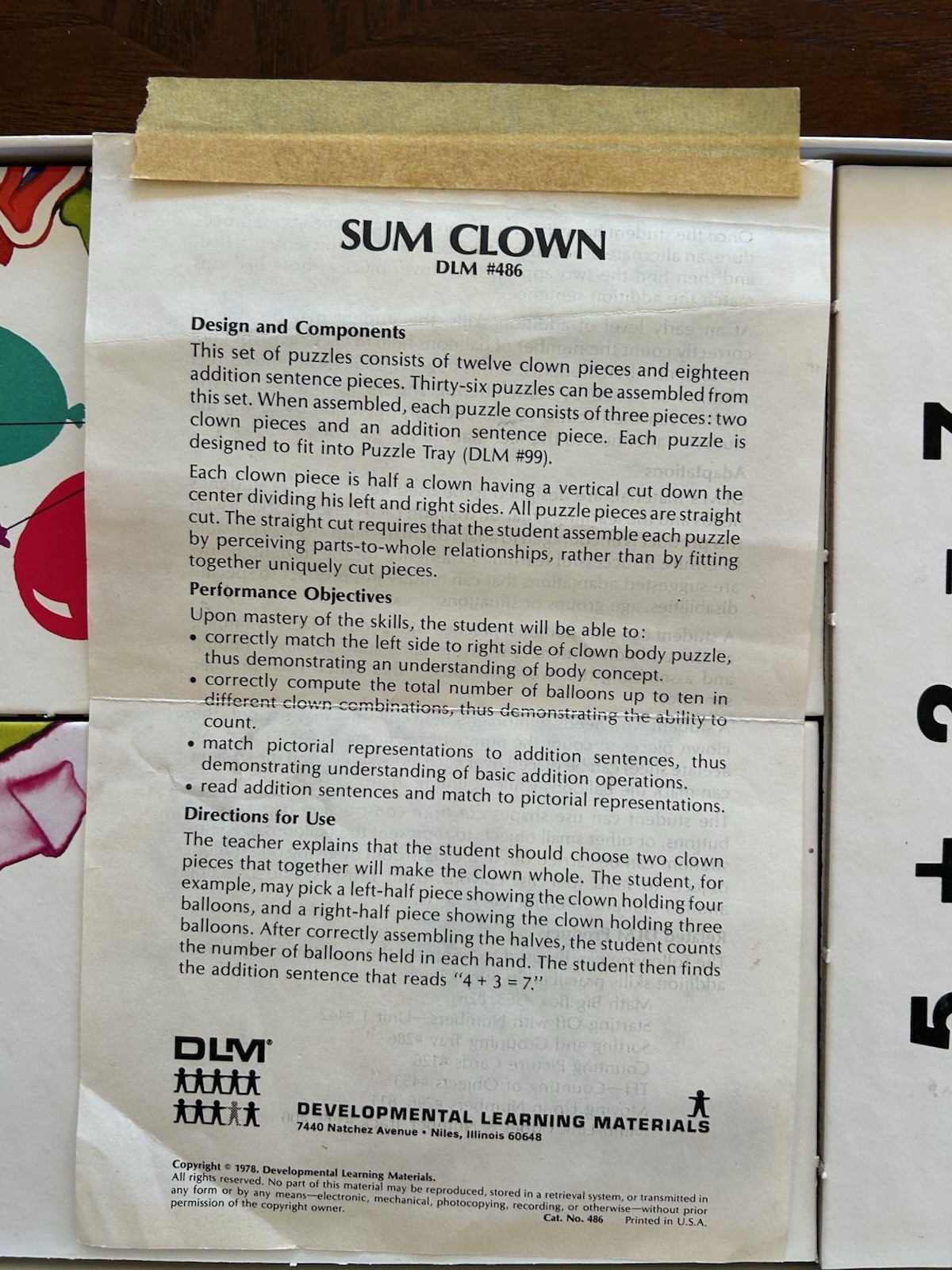 VINTAGE 1978 DEVELOPMENT LEARNING MATERIALS MATH SUM CLOWNS ADDITION COUNTING