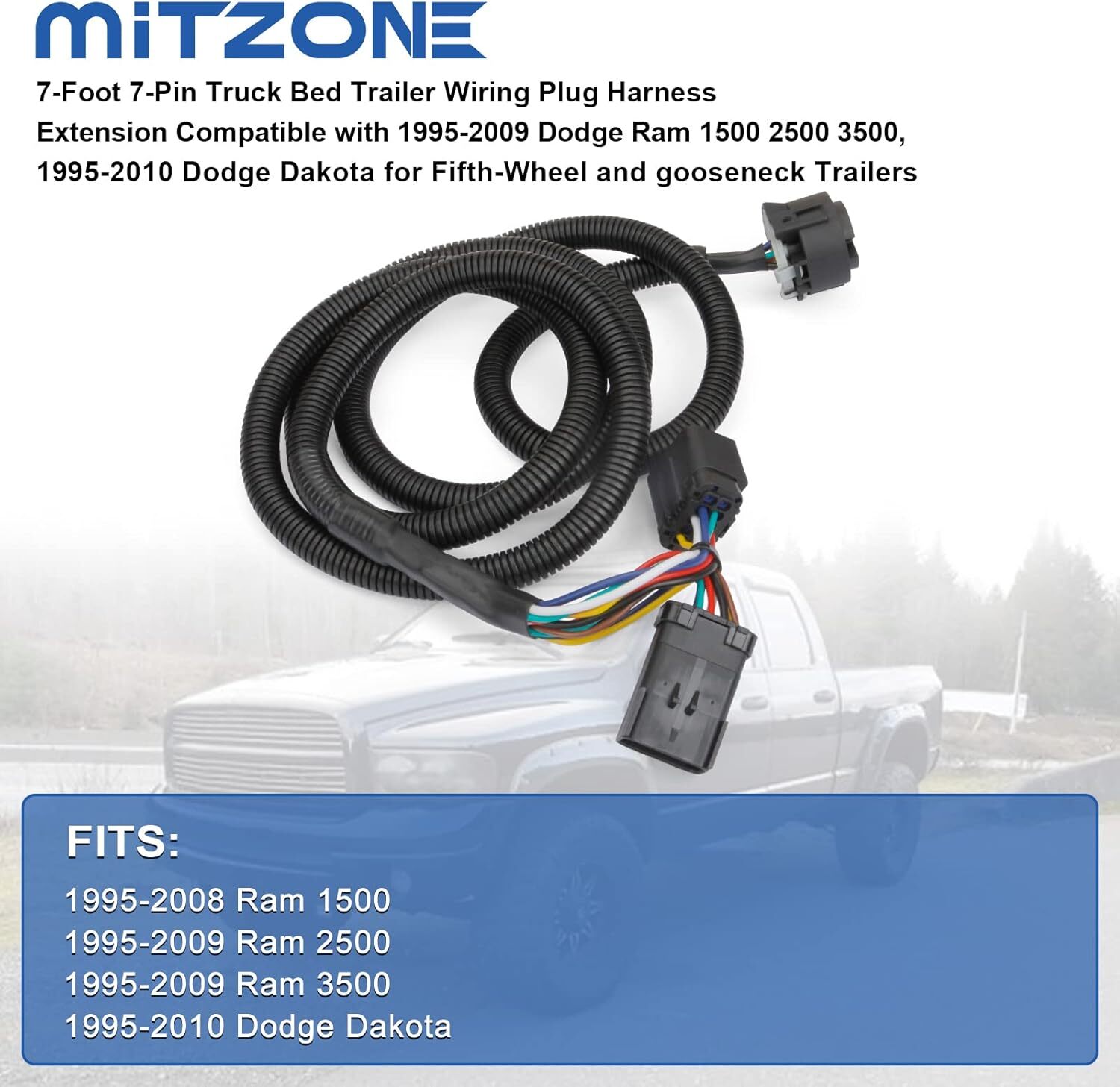 MITZONE 7-Foot 7-Pin Truck Bed Trailer Wiring Plug Harness Extension Compatible