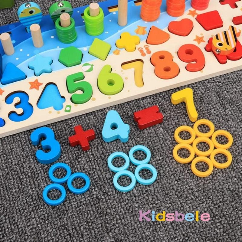 Kids Montessori Maths Wooden Puzzles Toddlers Counting Shapes Sorting Board