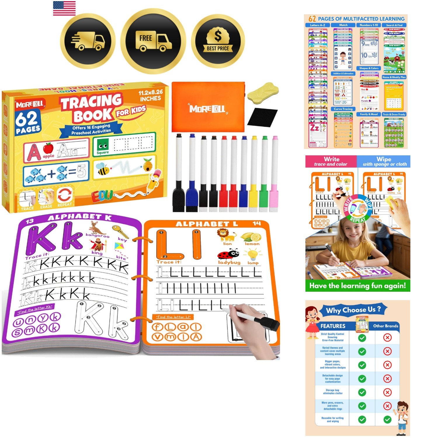 Preschool Learning Activities Educational Workbook, 62 Reusable Pages Pre Kin…